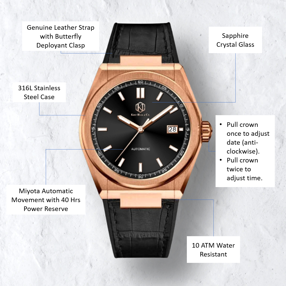 Obsidian Rose Gold - Black Leather